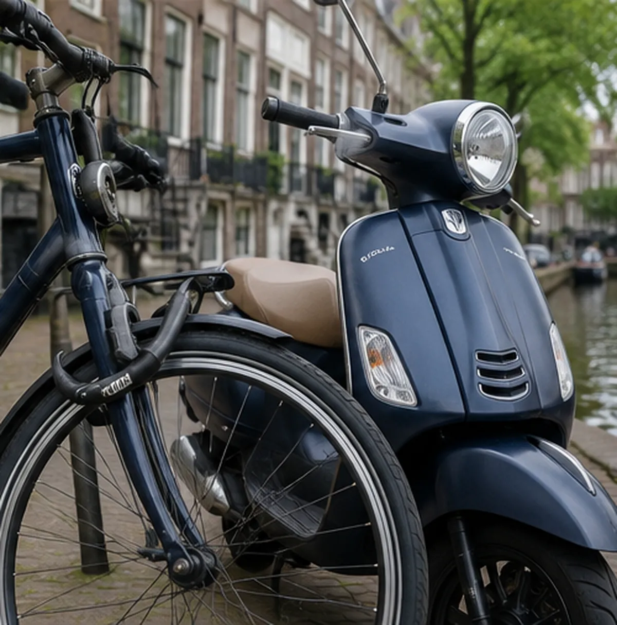 Fiets en scooter met slot in een nette stedelijke omgeving